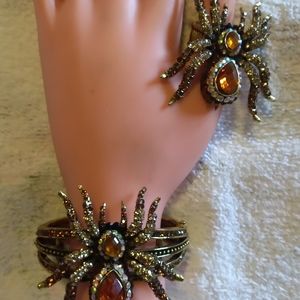 Rhinestone And Amber Spider Bracelt and Ring Set Duo